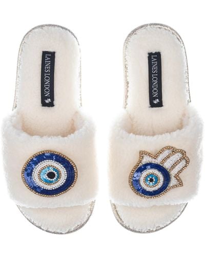Laines London Teddy Towelling Slipper Sliders With Evil Eye & Hamsa Hand Brooches - Blue
