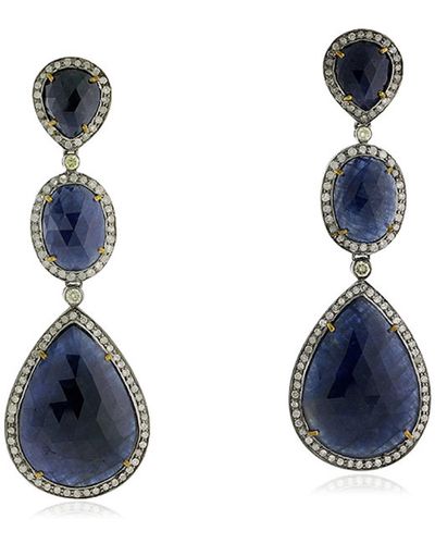 Artisan 18k Gold In 925 Sterling Silver With Diamond & Blue Sapphire Dangle Earrings Jewelry