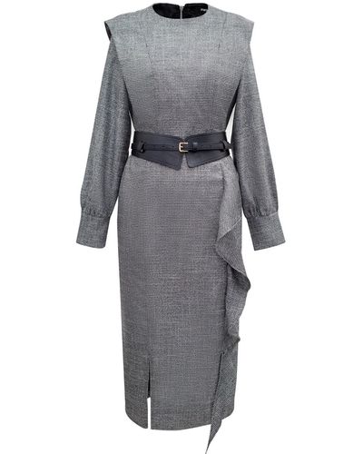 Smart and Joy Tailor Dress With Wide Shoulder And Vertical Ruffle - Gray