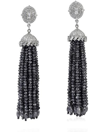 Artisan Natural Black Diamond Beads Tassel Earrings 18k White Gold