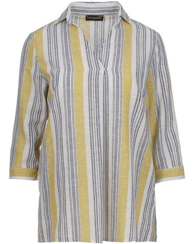 Conquista Striped Linen Style Top With Pockets - Blue