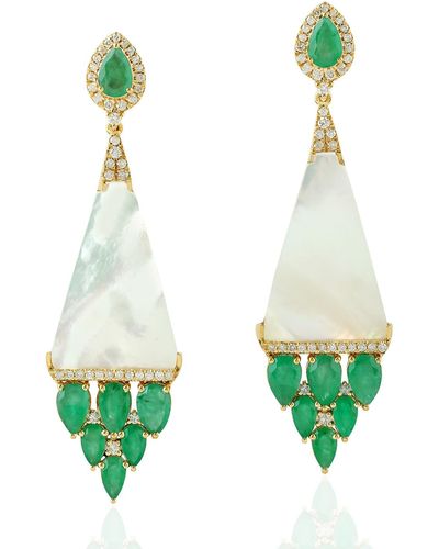 Artisan Mother Of Pearl Emerald Dangle Earrings Yellow Gold Diamond Gemstone Jewellery - Green