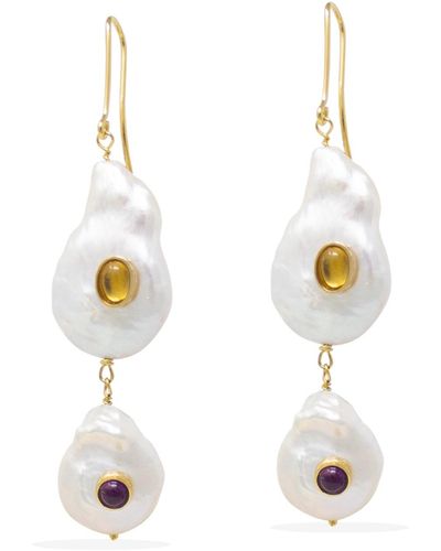 Vintouch Italy Aphrodite Gold Vermeil Pearl, Citrine & Amethyst Earrings - Multicolour