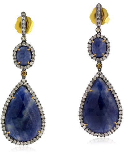 Artisan Blue Sapphire Gemstone & Natural Pave Diamond In 18k Gold With Silver Drop Dangle Earrings