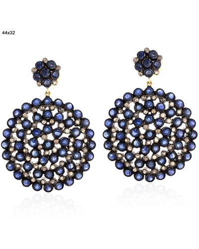 Artisan Blue Sapphire & Diamond In 14k Gold 925 Silver Dangle Earrings