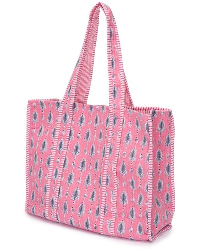 At Last Cotton Tote Bag In Raspberry Sorbet & Gray Leaf - Pink