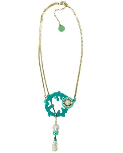 Gissa Bicalho Handmade Necklace Coral And Chain Turquoise - Metallic