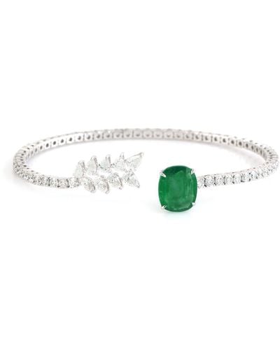 Artisan Cushion Cut Emerald & Rose Cut Diamond In 18k White Gold Designer Cuff Bangle - Green