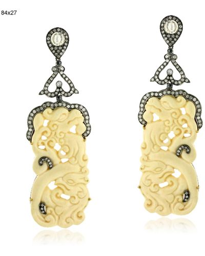 Artisan 18k Yellow Gold & 925 Silver With Mammoth & Pave Diamond Designer Earrings - Metallic