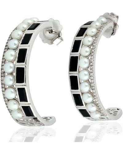 Artisan Natural Pearl Onyx Hoop Earrings 18k Gold Diamond Jewelry - White