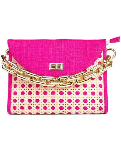 Soli & Sun The Soleil Pink Rattan Woven Clutch With Large Gold Chain