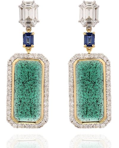 Artisan Solid Yellow Gold Natural Emerald Diamond Dangle Earrings Jewellery - Green