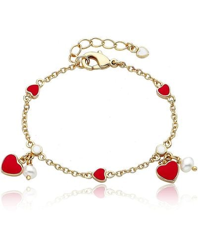 Genevive Jewelry Rachel Glauber Yellow Gold Plated With Red Enamel Heart & Pearl Dangle Charm Bracelet