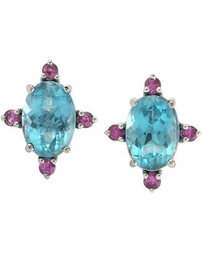 Artisan 18k White Gold Apatite Sapphire Gemstone Designer Stud Earrings - Blue