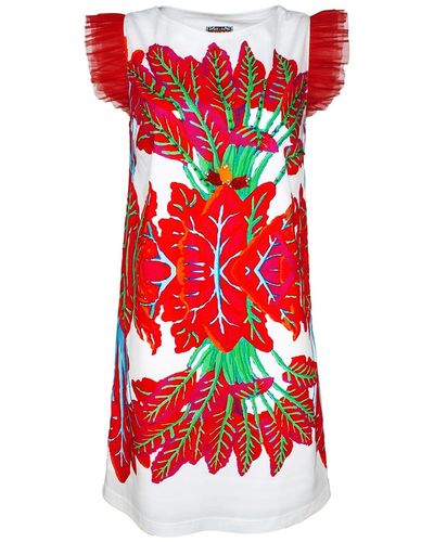 Lalipop Design Mini Dress With Red Leaves Print