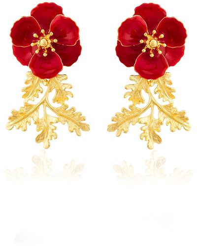 Milou Jewelry Leafy Blossom Flower Earrings - Red