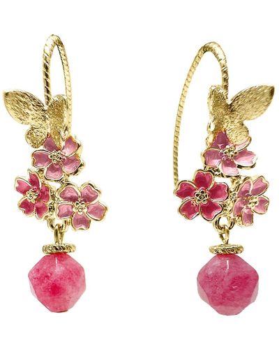 Farra Glazed Flower With Pink Gemstone Dangle Earrings - Metallic