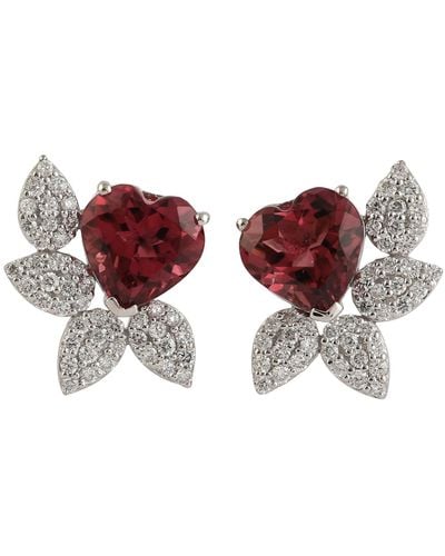 Artisan White Gold Natural Diamond Pink Tourmaline Heart Shape Stud Earrings Jewellery - Brown