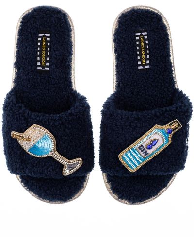Laines London Teddy Towelling Slipper Sliders With Sapphire Gin Brooches - Blue