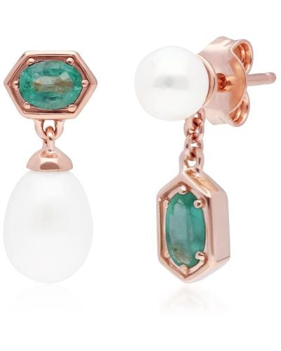 Gemondo Mismatched Pearl & Emerald Dangle Earrings In Rose Gold Plated Silver - Green
