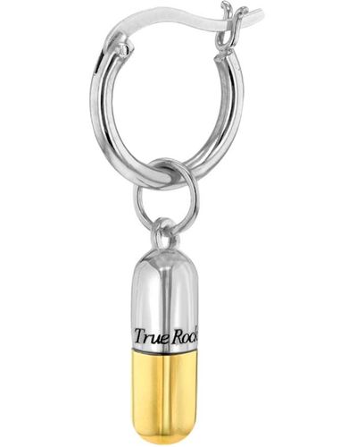 True Rocks 2 Tone Sterling Silver & Gold Plated Mini Pill Charm On Silver Hoop Earring - Metallic