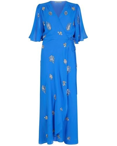 Hope & Ivy The Lois Embellished Wrap Dress With Tie Waist And Flutter Sleeve - Blue