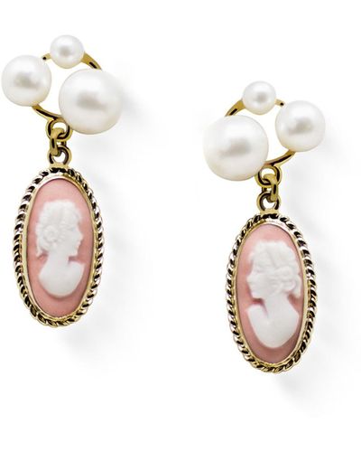 Vintouch Italy Lilith Gold-plated Pink Cameo And Pearl Stud Earrings - Multicolor