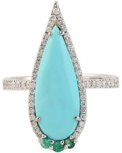 Artisan 18k Gold With Pear Cut Turquoise With Emerald & Pave Diamond Cocktail Ring - Blue