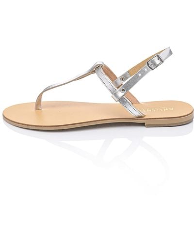 Ancientoo Brizo Silver/nude Handcrafted Women's Leather T-strap Sandals – Designer Fashion Flat Sandals With Toe Separator - Multicolor