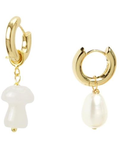 I'MMANY LONDON Organic Produce Mushroom & Freshwater Pearl Drop Gold Vermeil Hoop Earrings, Jade - Metallic
