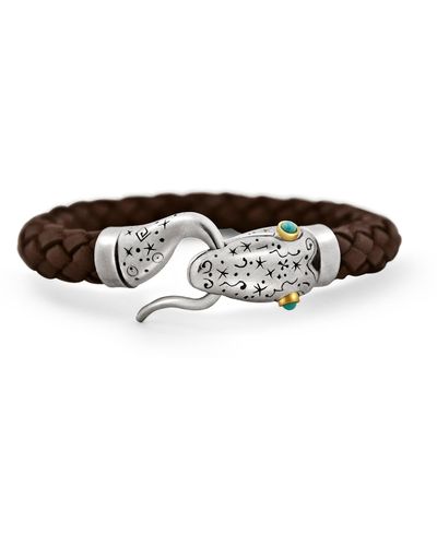 Snake Bones Snake Leather Bracelet In Silver 18kt Gold And Turqoise - Brown