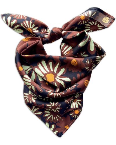 Kikina Designs Daisy Print Silk Bandana In Chocolate - Brown