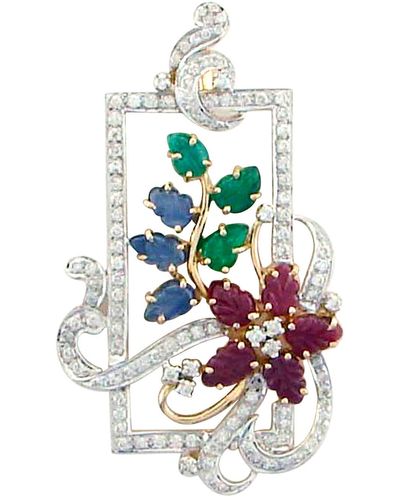 Artisan Solid 18k Gold 100% Genuine Carving Blue Sapphire Ruby Emerald Leaf Diamond Nature Inspired Tutti Frutti Pendant