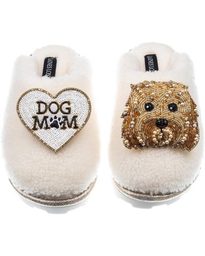 Laines London Teddy Closed Toe Slippers With Enki Doo & Dog Mum / Mom Brooches - Metallic