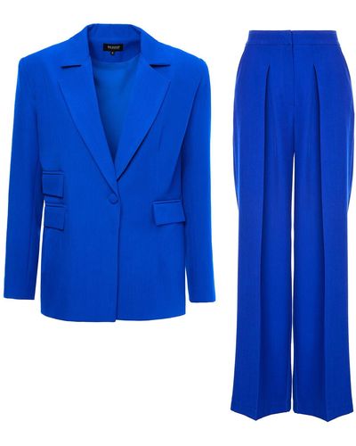 BLUZAT Electric Suit With Regular Blazer With Double Pocket And Ultra Wide Leg Trousers - Blue