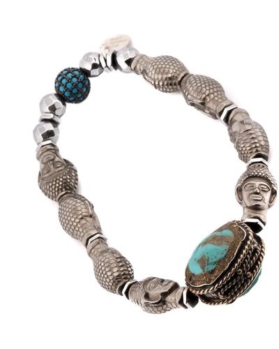 Ebru Jewelry Hematite Stone Buddha Beads & Turquoise Mystic Silver Bracelet - Metallic
