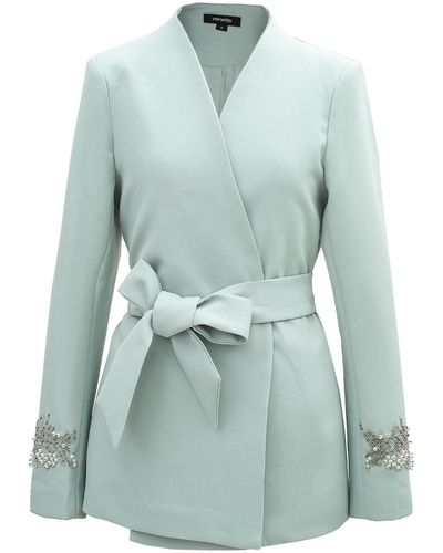 Smart and Joy Neutrals Wrap Jacket With Embroidered Sleeves - Blue