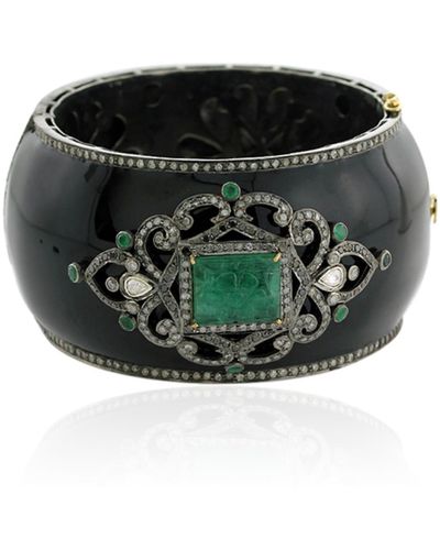Artisan Carved Emerald & Pave Diamond In 18k Gold With 925 Silver Enamel Wide Bangle - Green