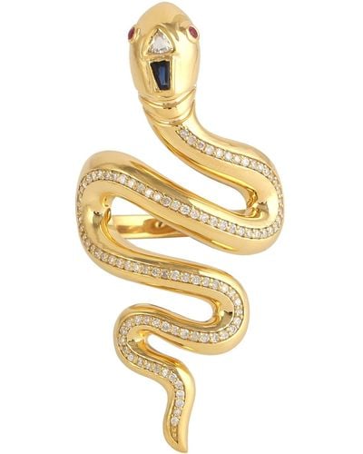 Artisan 14k Yellow Gold Sapphire Ruby Diamond Snake Long Ring Handmade - Metallic