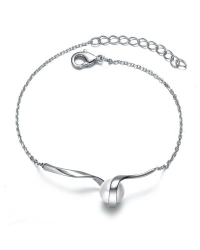 Genevive Jewelry White Gold Plated Sterling Silver With Single Faux White Pearl Ribbon Delicate Cable Bracelet - Metallic