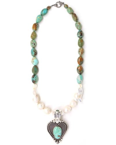 Shar Oke Kingman Turquoise & Green Kyanite Sterling Silver Pendant, Diamonds, Freshwater Pearls & Hubei Turquoise Beaded Necklace - Metallic