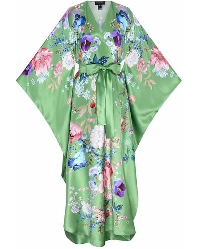 Meng Paris Watercolour Flowers Silk Satin Wrap Dress - Green