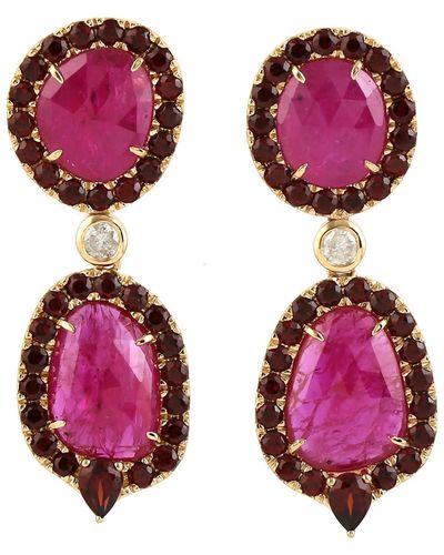 Artisan Natural Ruby Pave Red Garnet & Diamond Gemstone Dangle Earrings 18k Gold Jewelry - Purple
