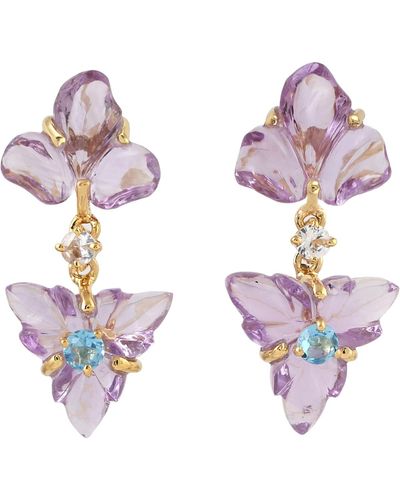 Artisan Carved Amethyst & Blue Topaz With White Sapphire In 18k Gold Asymmetrical Dangle Earring - Purple