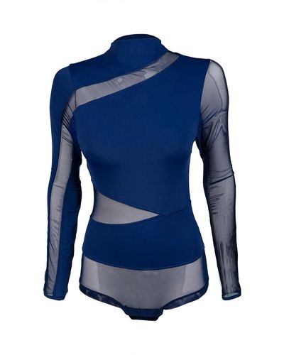 Balletto Athleisure Couture Long-sleeved Tulle Seamed Bodysuit Marine - Blue