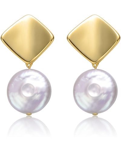 Genevive Jewelry Sterling Silver Yellow Gold Plated With White Coin Pearl Double Dangle Square Earrings - Metallic