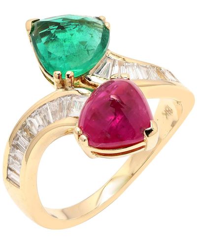Artisan White Gold Emerald Ruby By Pass Ring Diamond Handmade Jewelry - Metallic