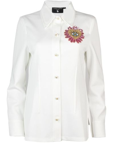 Laines London Laines Couture Shirt With Embellished Pink Flower Eye Shirt - White