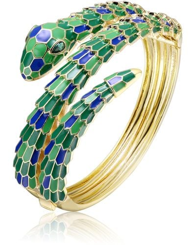 Genevive Jewelry Rachel Glauber Yellow Gold Plated With Emerald Cubic Zirconia Green & Blue Enamel Serpent Coiled Bypass Wrapped Bangle Bracelet