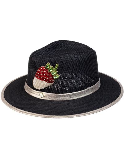 Laines London Straw Woven Hat With Embellished Strawberry Brooch - Black